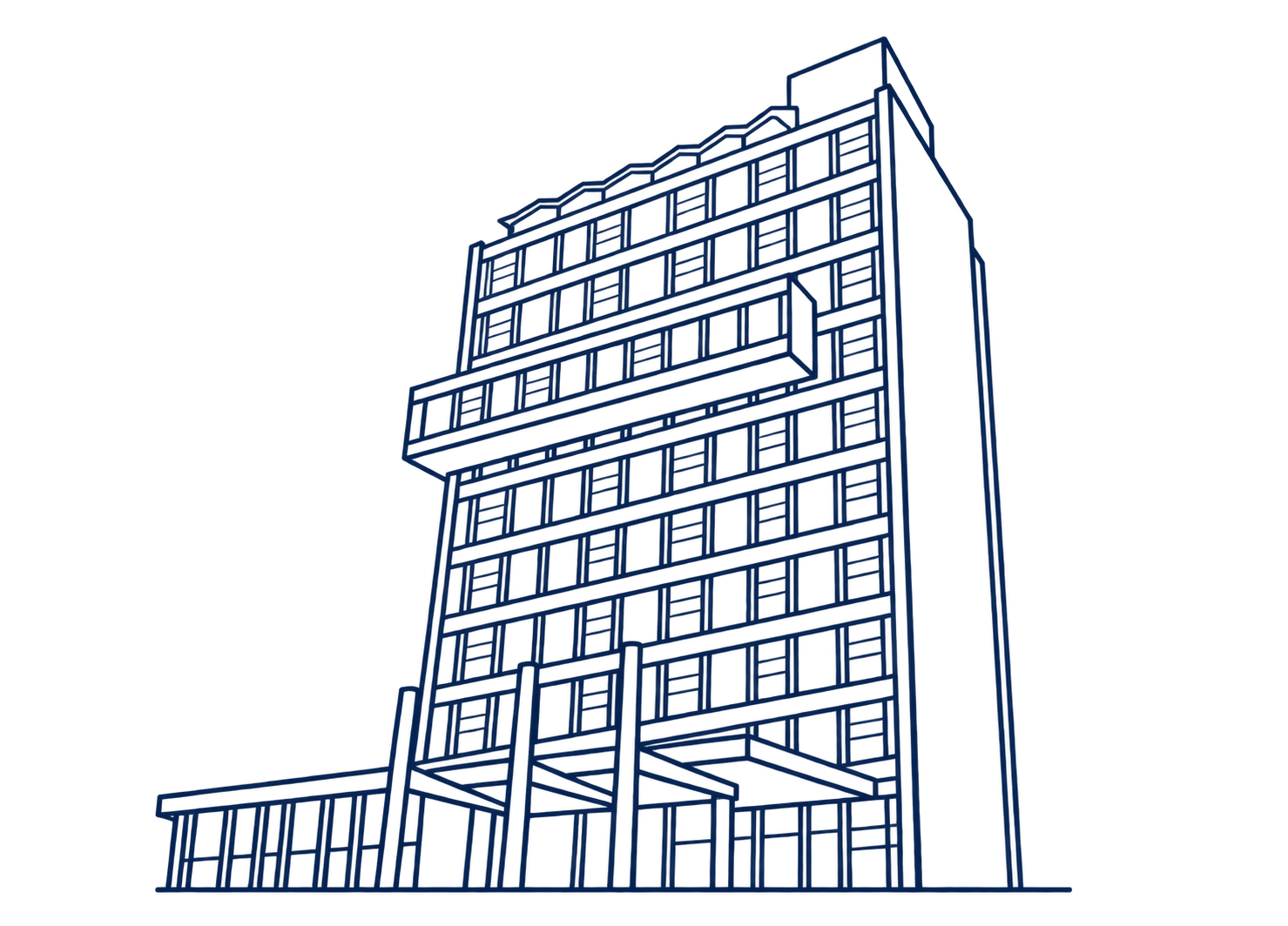 Ilustración en líneas del edificio de la Caja Costarricense de Seguro Social